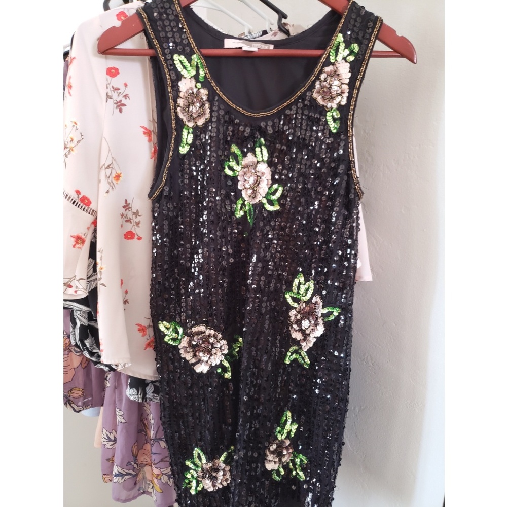 Black Sequined Mini Dress With Sequined Roses